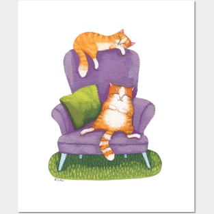 Sleeping Ginger Cats and Purple Chair Posters and Art